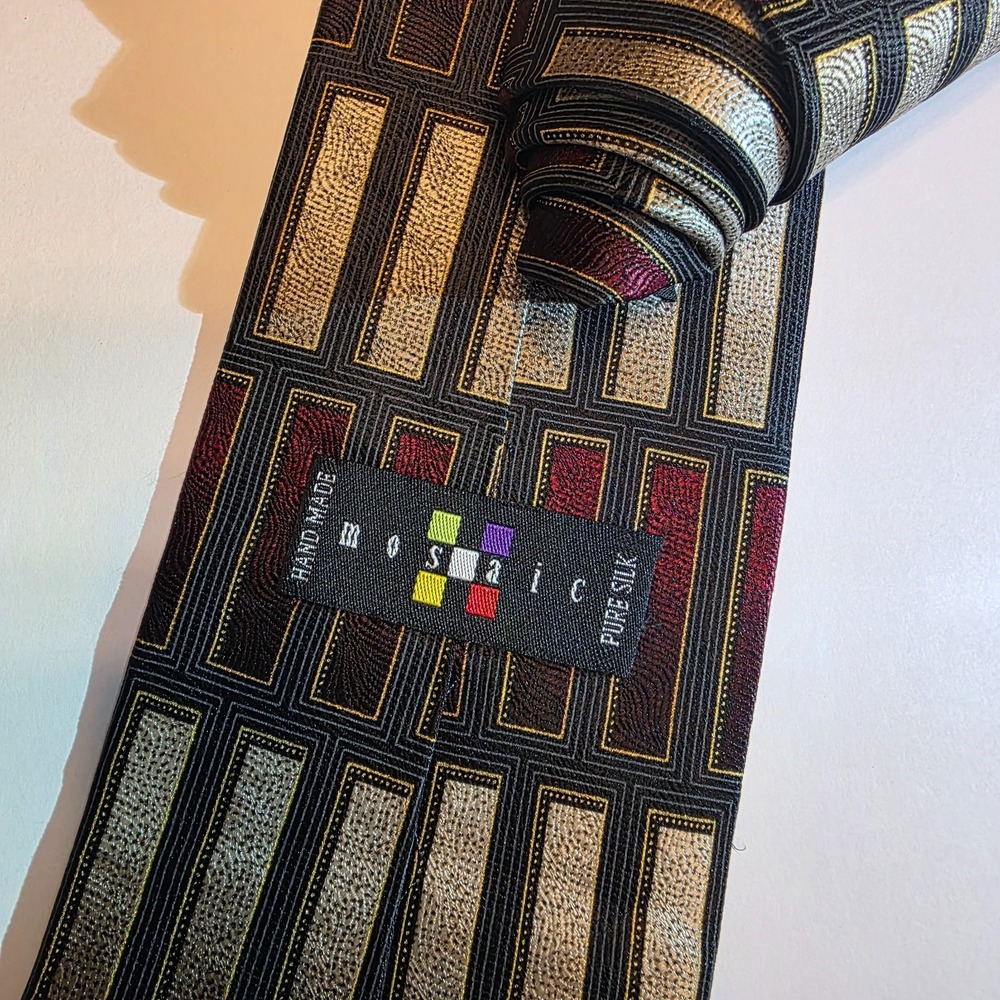 Mosaic Mens Silk Necktie Black Gold Burgundy Geometric Rectangular Hand Made Tie - Picture 4 of 5